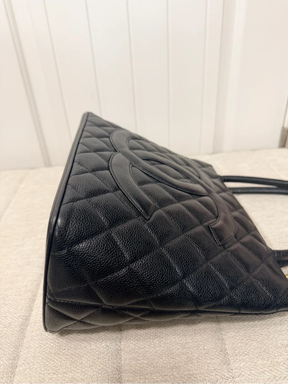 Vintage CHANEL Black Quilted Caviar Medallion Tote 24K gold-plated hardware